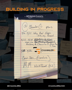 Handwritten content planning list showing blog schedule and creative workflow, with background notes and branding elements.