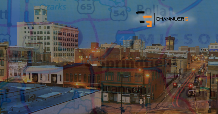 Composite image of downtown Springfield, Missouri overlaid with a regional road map and the ChannlerG logo, representing local gaming, content creation, and community growth.