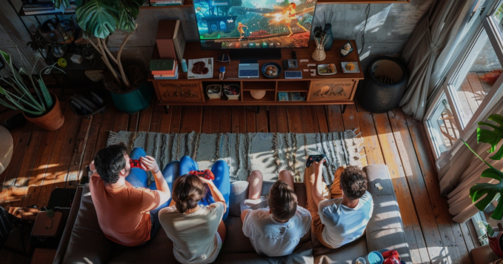 Overhead view of four people sitting on a couch playing video games together in a cozy living room with a large TV, plants, and natural sunlight streaming through the windows.