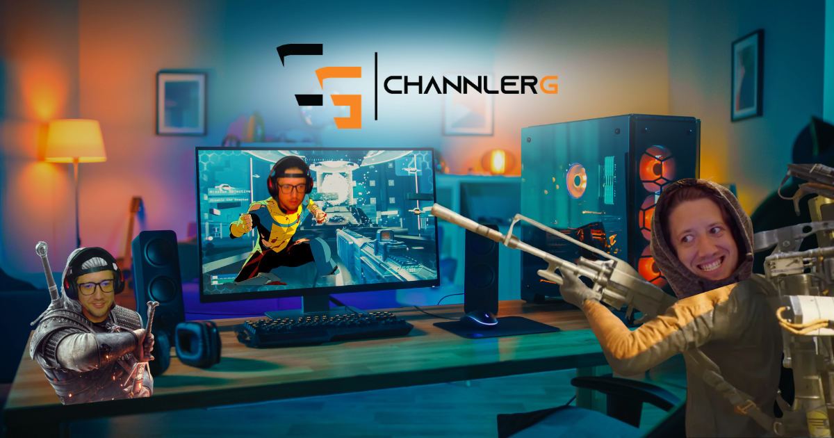 Custom ChannlerG gaming-themed featured image showing a desktop PC gaming setup with edited character versions of ChannlerG in humorous action poses inspired by gaming franchises, with branded logo prominently displayed.