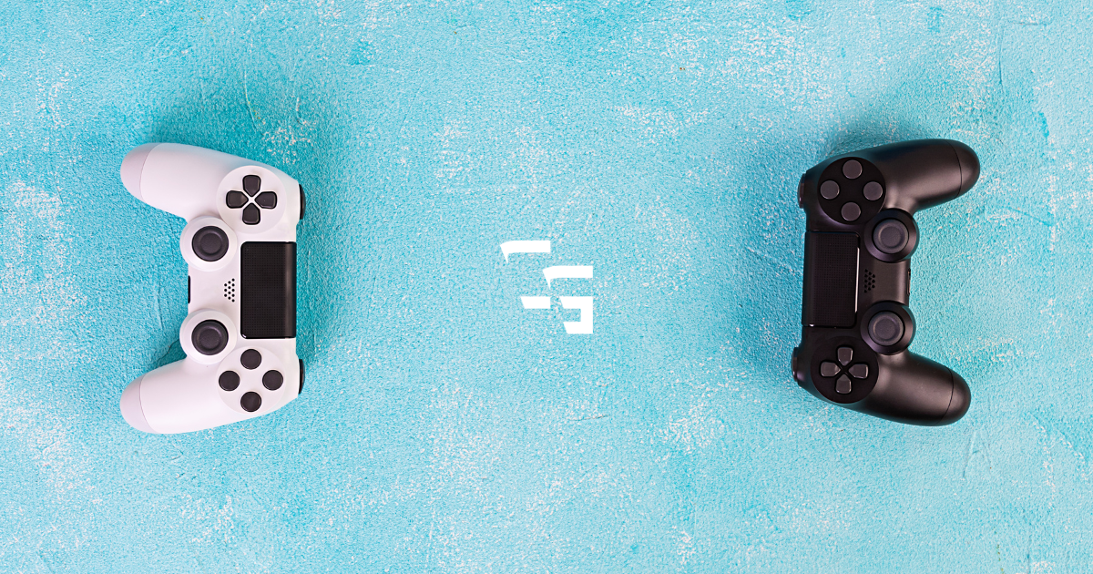 White and black PlayStation-style controllers displayed on a blue textured background, representing gaming controllers and console gaming accessories.