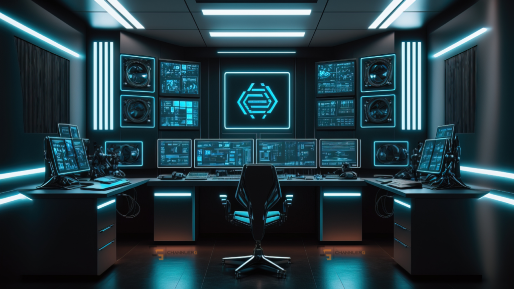 Futuristic control room with multiple monitors, neon blue lighting, and a central workstation setup.