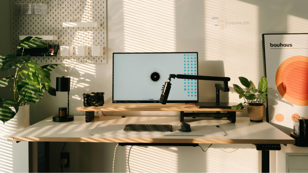 Minimalist desk setup with monitor, keyboard, microphone arm, camera, and plants lit by natural sunlight through blinds.