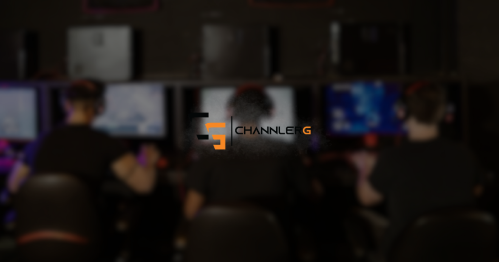 Blurred gaming setup with three people playing PC games and the ChannlerG logo centered over a dark esports-style background.