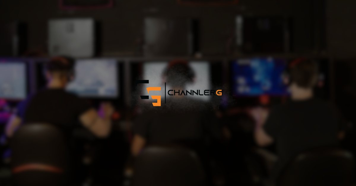 Blurred gaming setup with three people playing PC games and the ChannlerG logo centered over a dark esports-style background.
