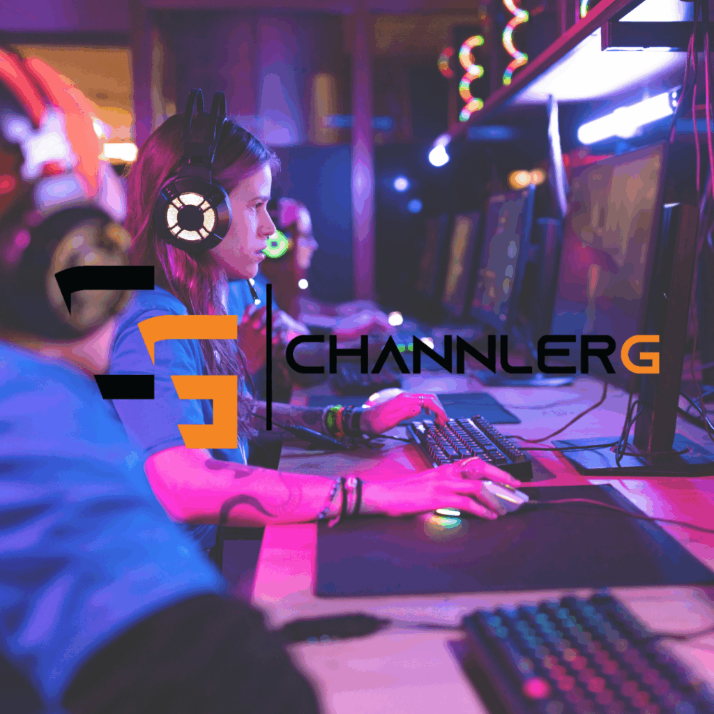 Young woman focused on competitive PC gaming at esports center with ChannlerG logo overlay
