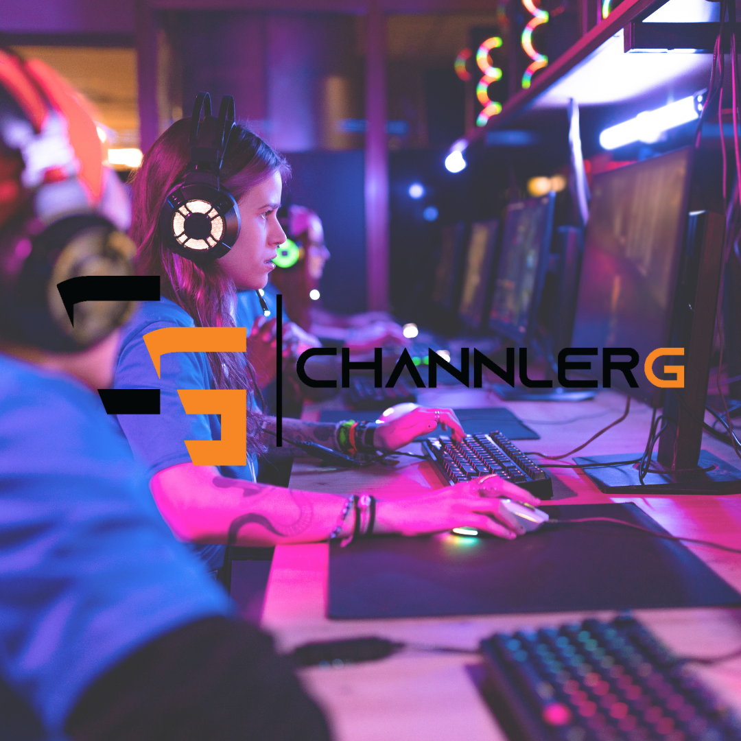 Young woman focused on competitive PC gaming at esports center with ChannlerG logo overlay
