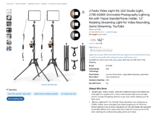 LED studio light kit with tripod stands, phone holders, and dimmable lighting for video recording and streaming