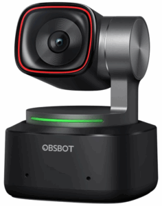 A black and silver OBSBOT Tiny 2 Lite webcam with a red accent ring around the lens and a green LED indicator on its base.