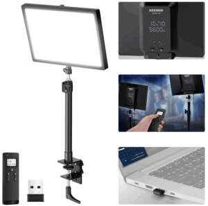 Neewer LED panel light with adjustable clamp mount, wireless remote, USB receiver, and back panel display showing brightness and color temperature settings.
