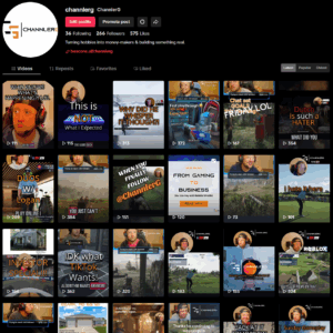 Screenshot of the ChannlerG TikTok profile showing 36 following, 266 followers, and 575 likes, with a grid of recent videos including gaming clips, blog promos, and humorous content.