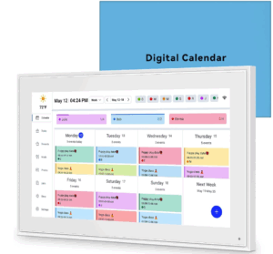 A smart digital calendar with a colorful weekly schedule, showing events such as yoga classes and playdates, displayed on a modern white-framed screen.