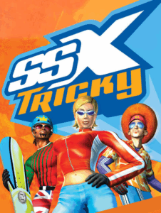 Cover art for SSX Tricky featuring three stylized snowboarders in colorful outfits with the game’s bold logo.