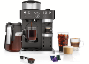 Ninja dual-brew coffee maker with pods, carafe, and multiple coffee drinks including iced and espresso.
