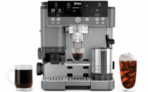 Ninja espresso and coffee maker with built-in grinder and frother, brewing multiple drinks.