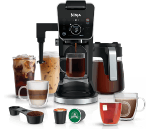 Ninja DualBrew coffee maker with iced coffee, lattes, and tea setup on display.