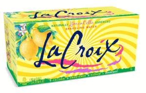 Box of LaCroix LimonCello sparkling water with bright yellow design and illustrated lemons.
