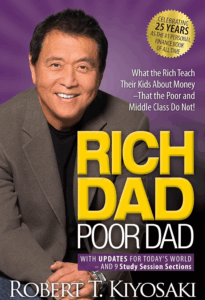 Book cover of Rich Dad Poor Dad by Robert T. Kiyosaki, featuring the author smiling against a purple background.