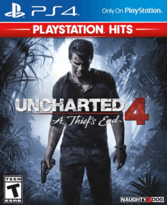Box art for Uncharted 4: A Thief’s End featuring protagonist Nathan Drake holding a pistol in a jungle setting, marked as a PlayStation Hits title.