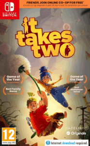 Nintendo Switch cover art for It Takes Two, showing the two main characters swinging through a vibrant, playful environment.