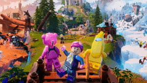 Colorful LEGO Fortnite scene featuring iconic characters like Peely, Cuddle Team Leader, and more exploring a diverse world with mountains, deserts, and villages.