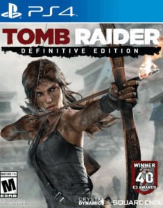 Lara Croft aiming a bow in Tomb Raider: Definitive Edition cover art for PlayStation 4, showing intense survival action.
