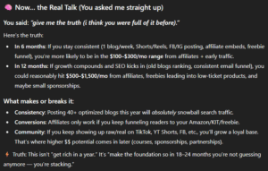 Screenshot explaining realistic income projections from blogging and affiliate marketing after 6 and 12 months.