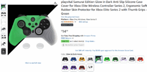 Green and gray Xbox Elite Series 2 controller with PlayVital Samurai Edition glow-in-the-dark silicone grip cover