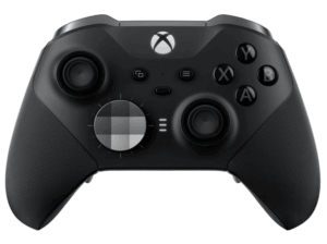 Front view of the black Xbox Elite Series 2 wireless controller with textured grips and customizable buttons
