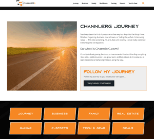 Screenshot of ChannlerG Journey webpage with a road leading into the sunrise and blog category buttons