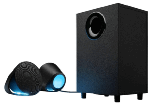 Logitech G560 gaming speakers with RGB lighting and subwoofer