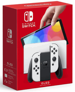 Nintendo Switch OLED box featuring white Joy-Con controllers and vibrant screen