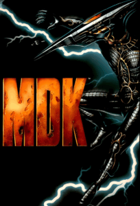 Futuristic armored character with lightning bolts behind bold orange "MDK" title