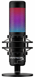 RGB-lit HyperX QuadCast S microphone with shock mount and stand