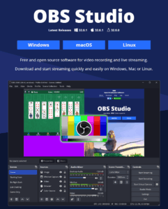 OBS Studio homepage showing download options and streaming interface