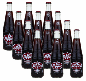 Twelve glass bottles of Dr Pepper with cane sugar lined up against a white background