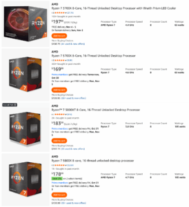 Amazon listings comparing AMD Ryzen 7 3700X, 5700X, 5800XT, and 5800X desktop processors with specs and prices