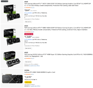 Amazon listings for ASUS and NVIDIA RTX 5070, 5080, and 4080 graphics cards