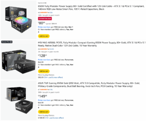 Amazon listings for 850W fully modular 80+ Gold power supplies from Noctua, MSI, and ASUS