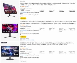 Amazon listings of three 240Hz gaming monitors from Sceptre, LG UltraGear, and INNOCN