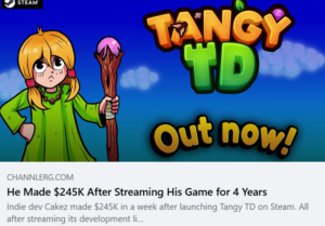 Screenshot preview of a ChannlerG blog post titled "He Made $245K After Streaming His Game for 4 Years" featuring promotional artwork for the indie tower defense game Tangy TD.
