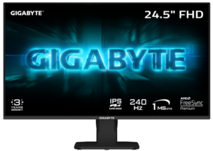 Gigabyte 24.5-inch FHD gaming monitor displaying branding with 240Hz refresh rate, IPS panel, and 1ms response time.