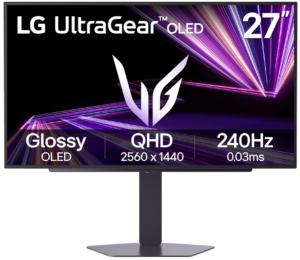 LG UltraGear 27-inch OLED gaming monitor displaying QHD resolution, 240Hz refresh rate, and glossy OLED panel.