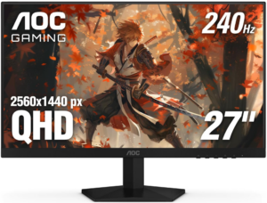 AOC 27-inch QHD gaming monitor displaying 2560x1440 resolution with 240Hz refresh rate and gaming visuals.