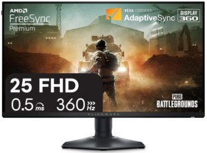Alienware 25-inch FHD gaming monitor with 360Hz refresh rate and 0.5ms response time displaying PUBG gameplay.