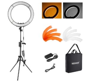 NEEWER 18-inch LED ring light with tripod stand, color filters, power adapter, and carrying bag for video and photography.