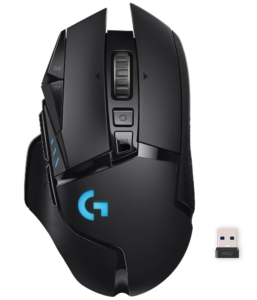 Logitech G wireless gaming mouse with customizable buttons, scroll wheel, and USB receiver.