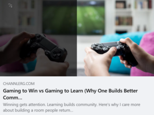Two people holding PlayStation-style controllers while gaming on a TV, visually contrasting competitive gaming versus learning and community-focused gaming.