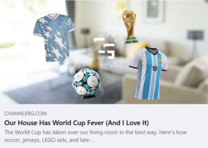 Featured image showing World Cup-themed items including USA and Argentina soccer jerseys, a LEGO soccer ball, and the FIFA World Cup trophy around the ChannlerG logo.