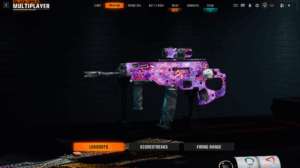 Screenshot of a futuristic SMG with Dark Matter camo skin from Call of Duty: Black Ops 6 multiplayer loadout menu.